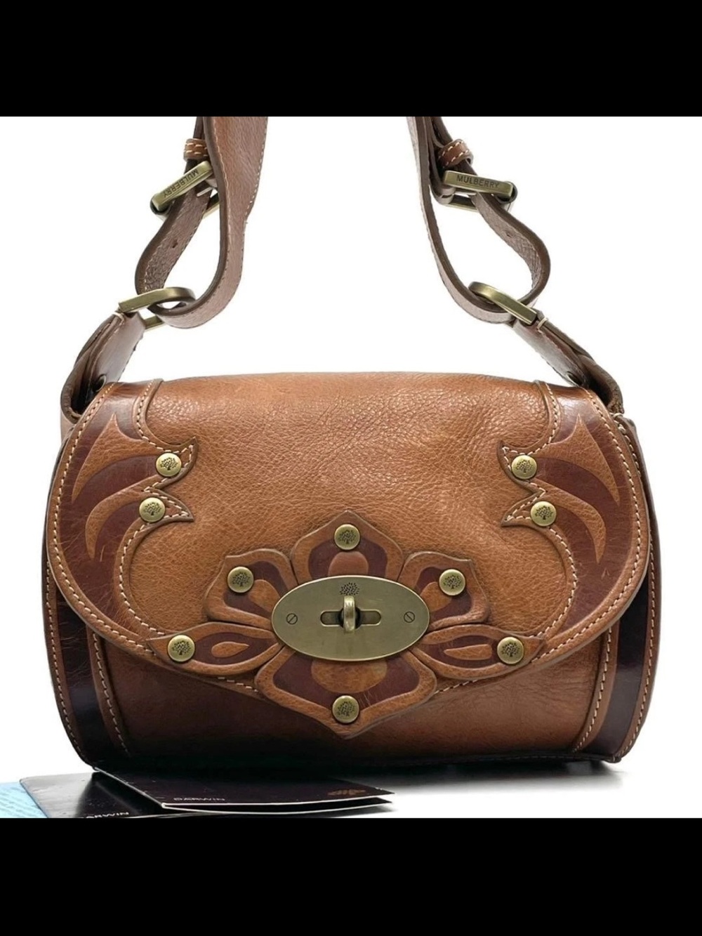 Mulberry Brown & Tan Leather Shoulder Bag with Floral Medallion